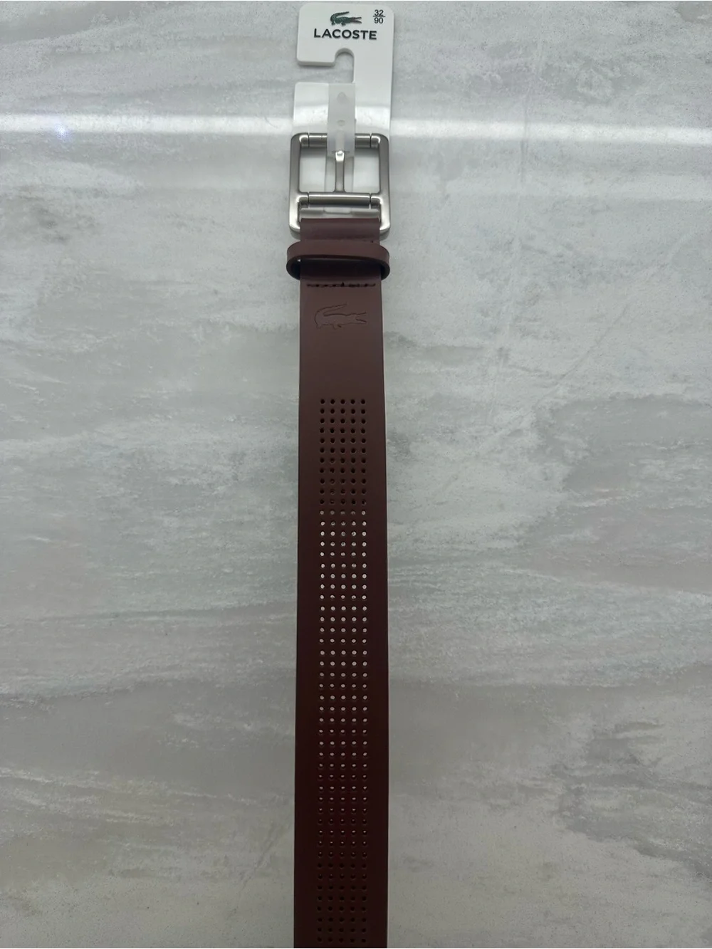 Lacoste Men's Brown Perforated Leather Belt with Silver Buckle